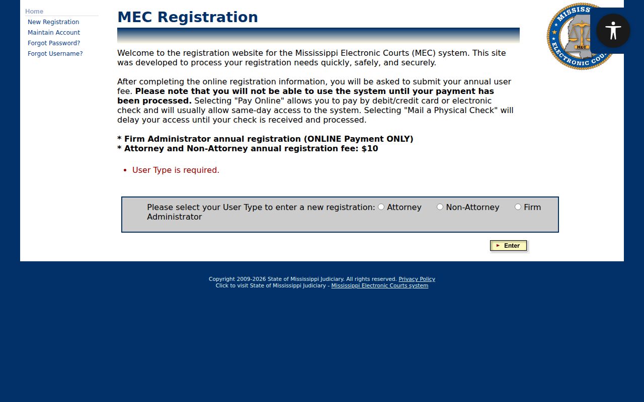 Holmes County case search PAMEC registration user type screen