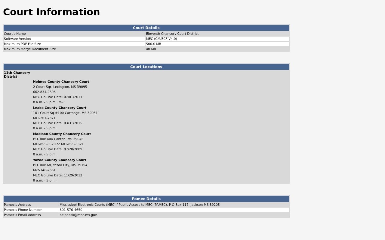 Holmes County civil docket Chancery Court Information screen