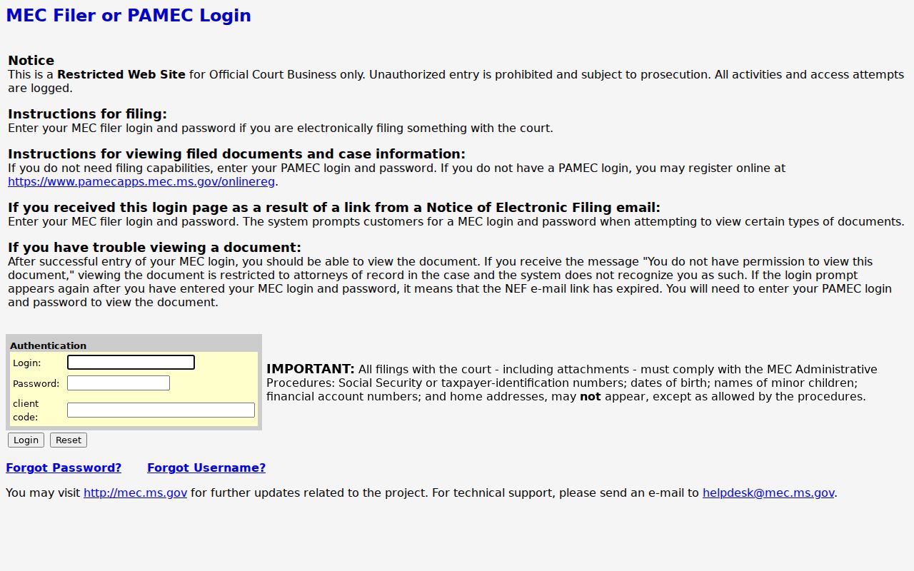 Holmes County civil docket Chancery MEC login and redaction notice