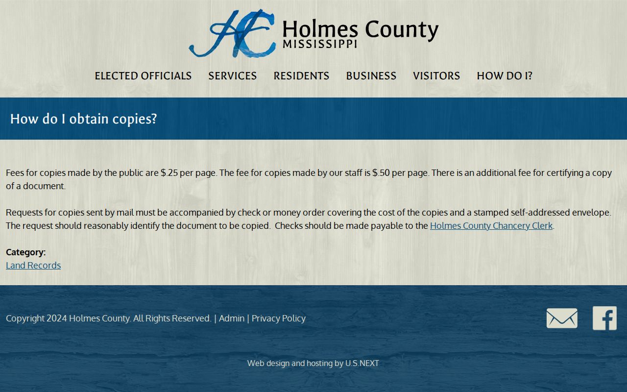 Holmes County court records copy-rate and mailed-request instructions