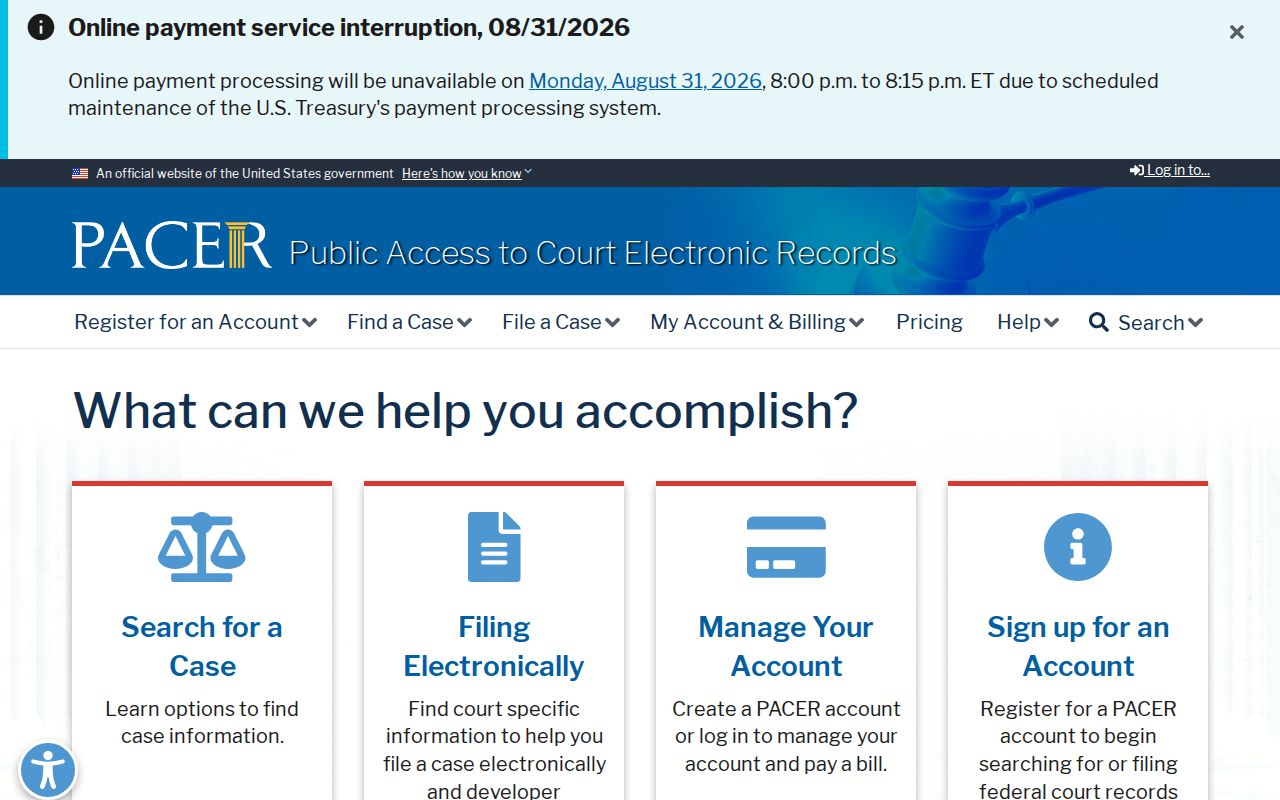 Holmes County court records federal PACER registration and fee access screen