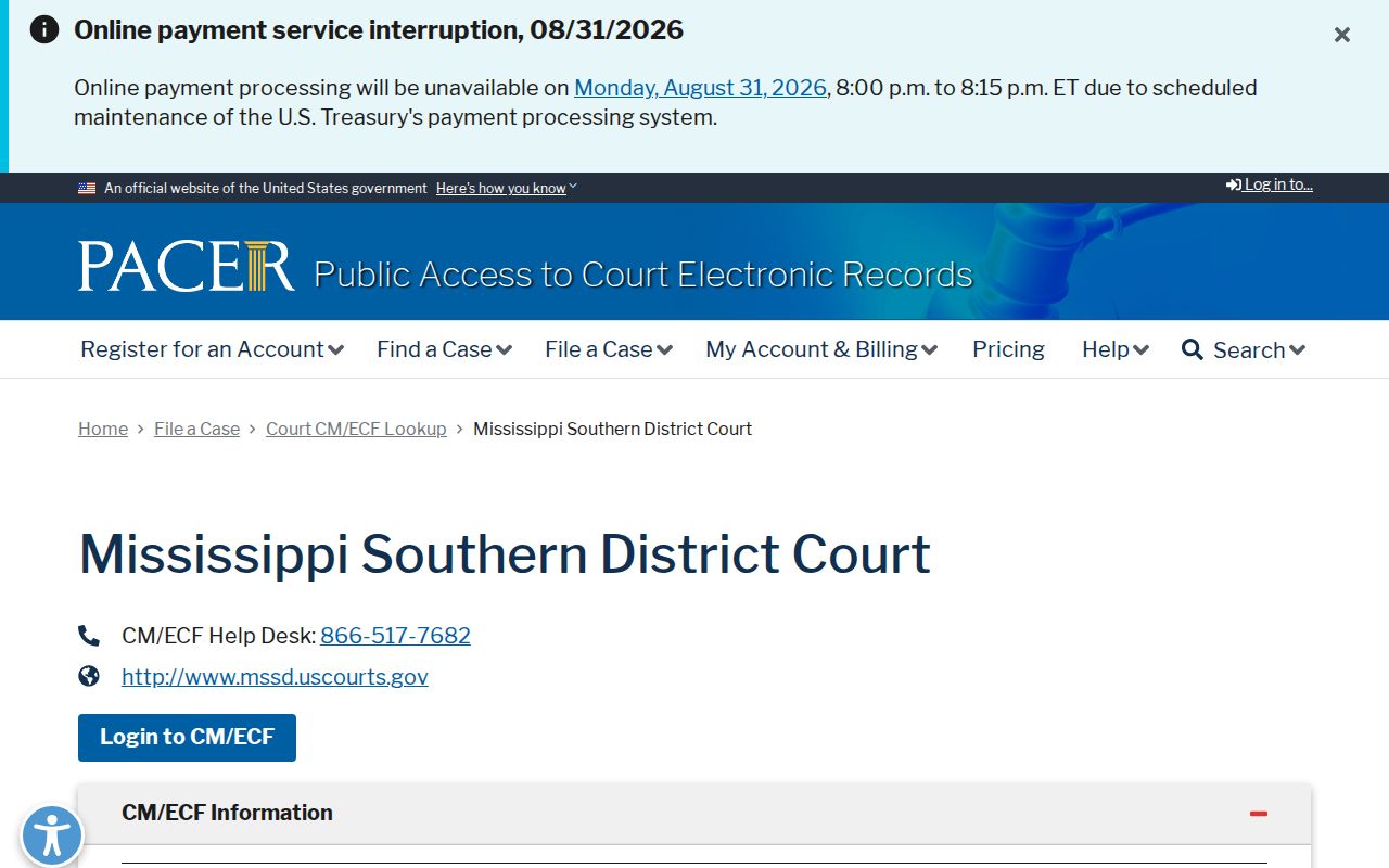 Holmes County court docket federal PACER and CM ECF court lookup