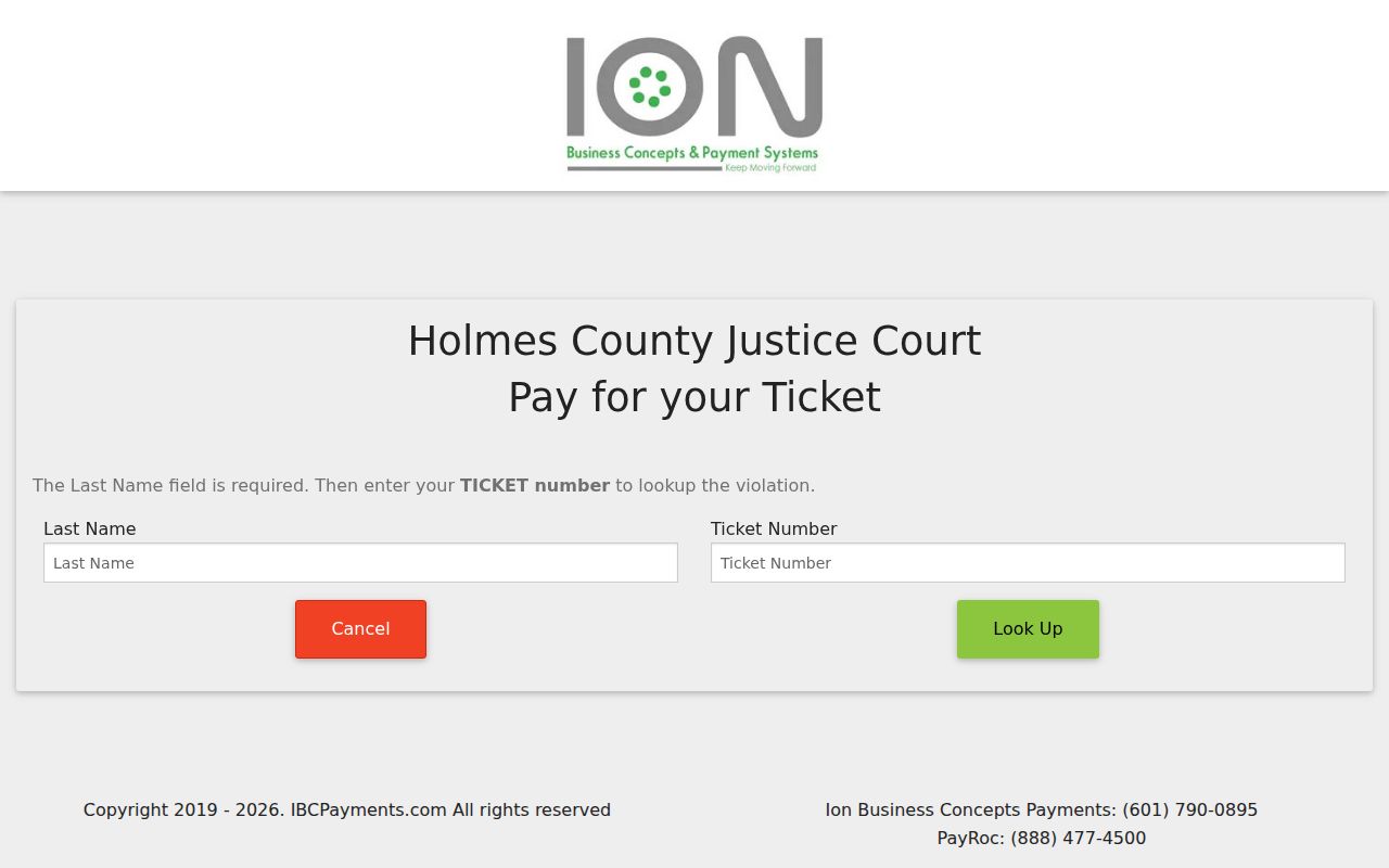 Holmes County traffic court records ticket lookup with last-name and ticket-number fields